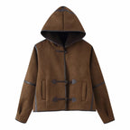 Women's Short Hooded Sheepskin Imitation Duffle Jacket with Toggle Fastenings Fashion Glam