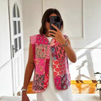 Women Quilted Vest with Romantic Toile Print, Striped Interior and Tie Ribbon Fashion Glam