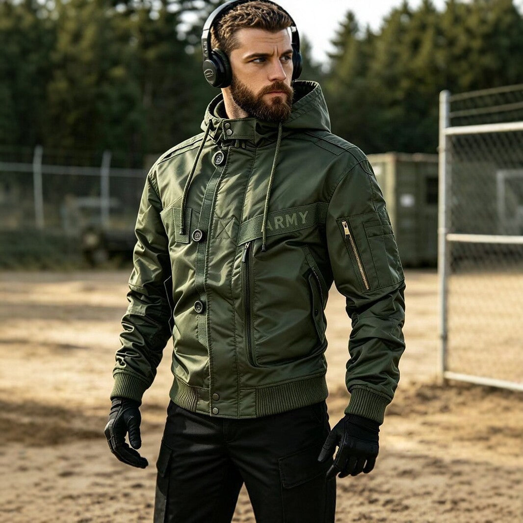 Men's Military-Inspired Hooded Bomber Jacket with Utility Pockets Fashion Glam