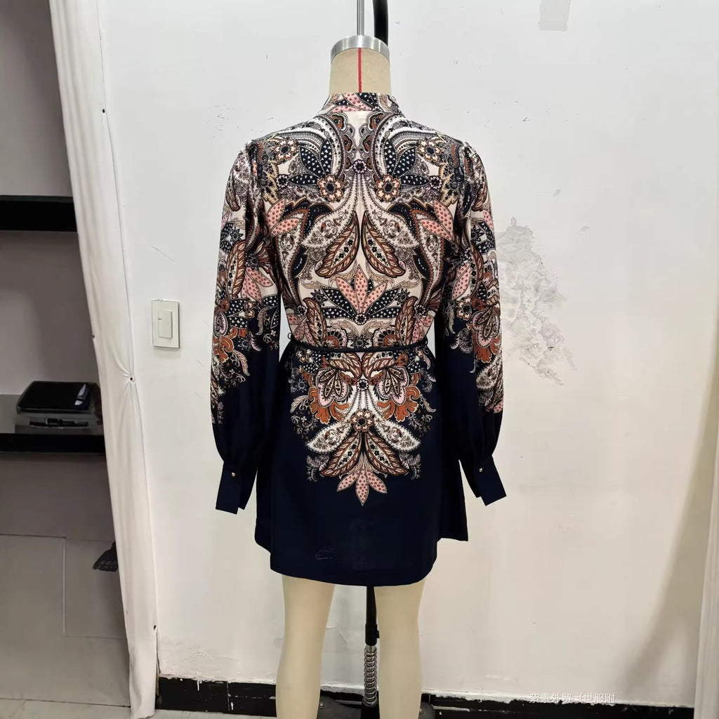 Women's Patterned Tunic Dress with Ties, Stand Collar and Balloon Sleeves Fashion Glam