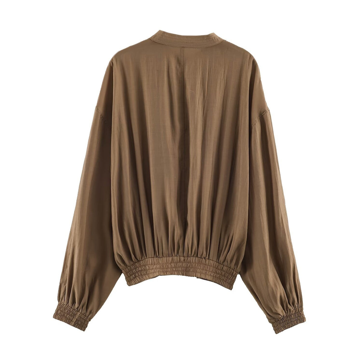 Women's Light Pleated Blouson Jacket with Stand-up Collar and Smocked Waist Fashion Glam