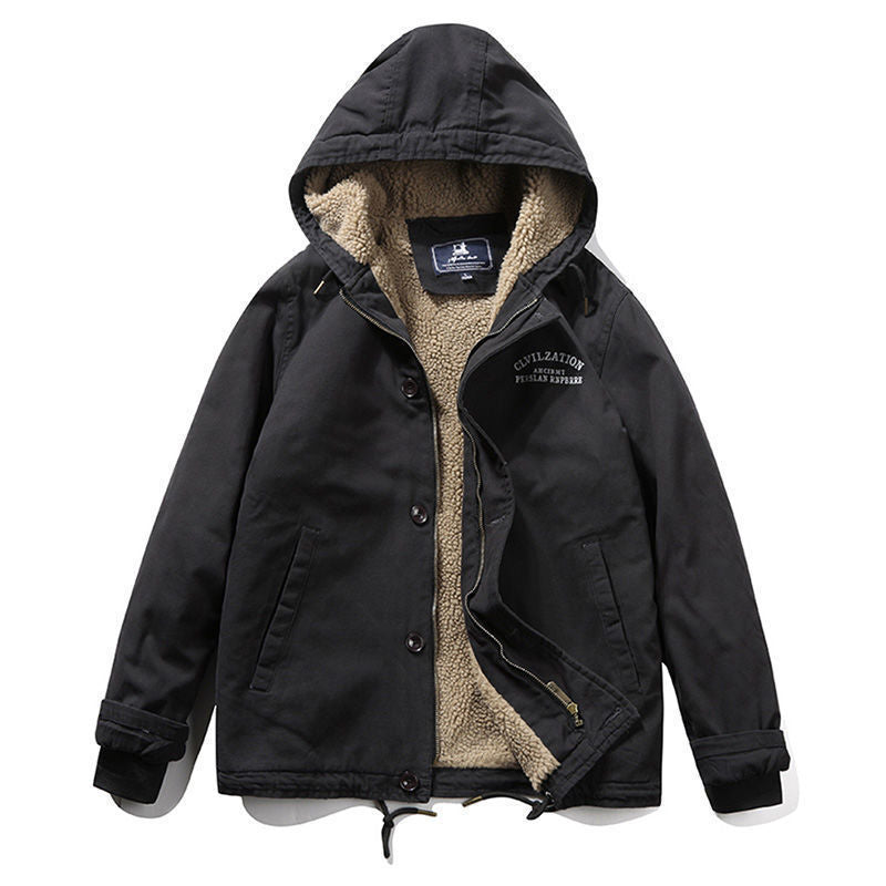 Men's Hooded Canvas Parka with Teddy Lining and Windproof Front Fashion Glam