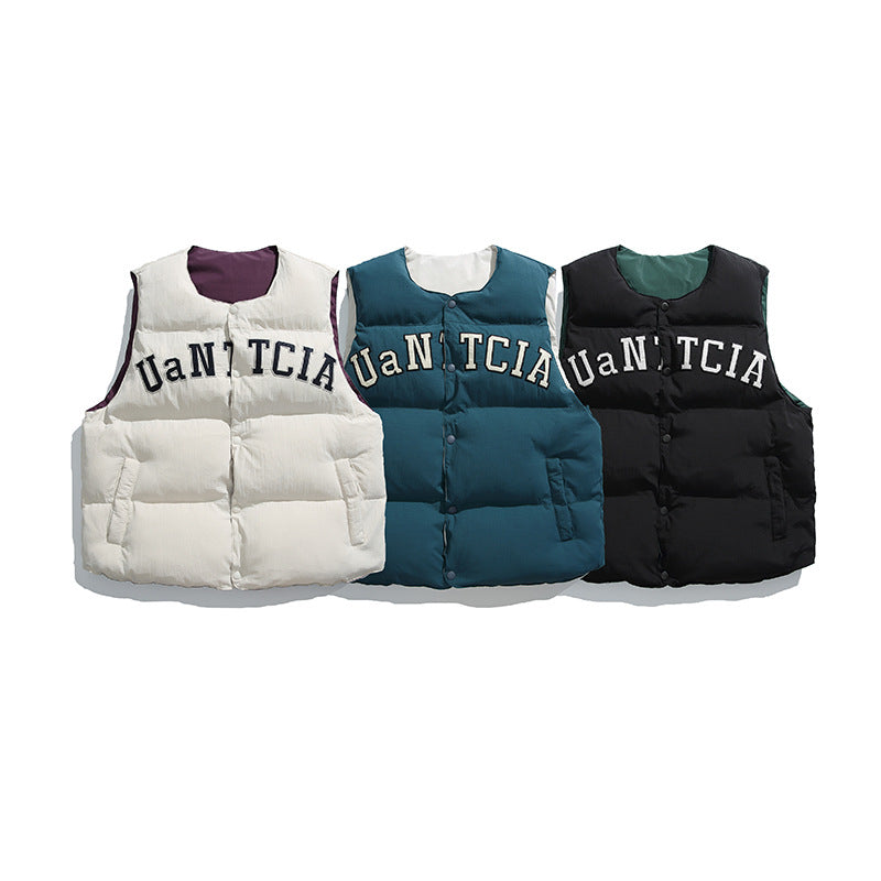 Unisex Padded Quilted Vest in Boxy Cut with Snap Button Closure and College Logo Print Fashion Glam