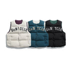 Unisex Padded Quilted Vest in Boxy Cut with Snap Button Closure and College Logo Print Fashion Glam