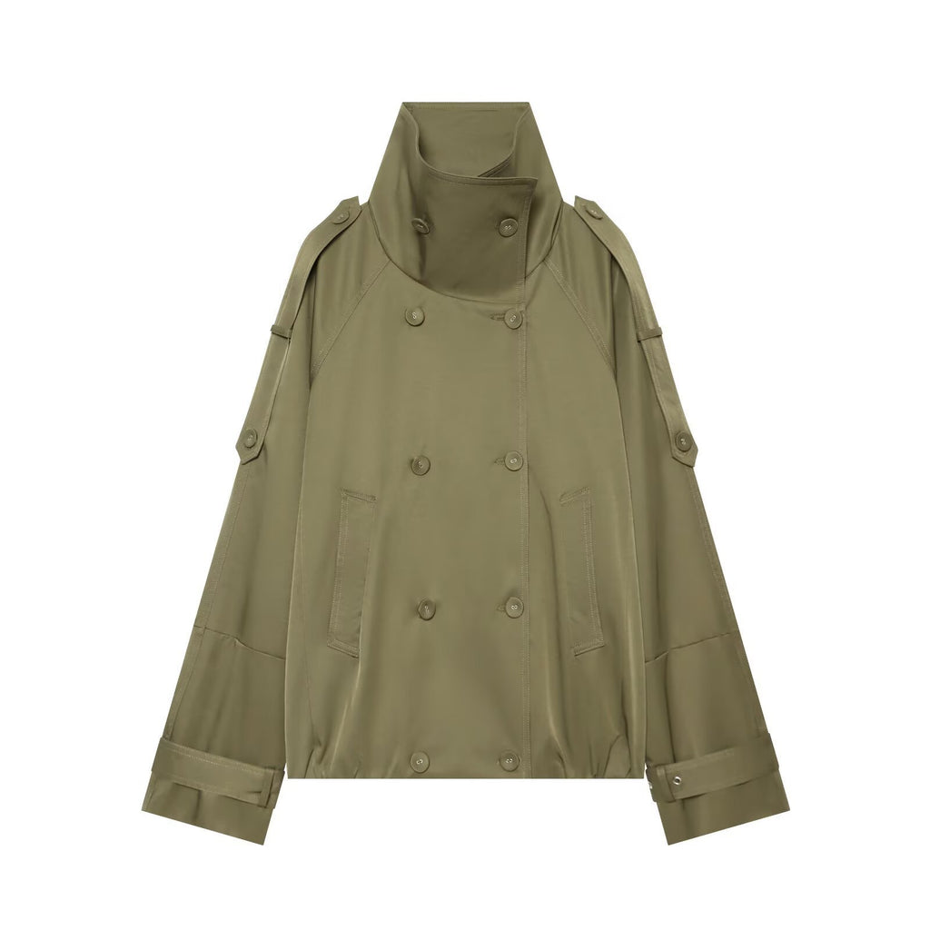Women's Cape-like Short Double-breasted Trench Coat with High Stand Collar and Adjustable Cuffs Fashion Glam