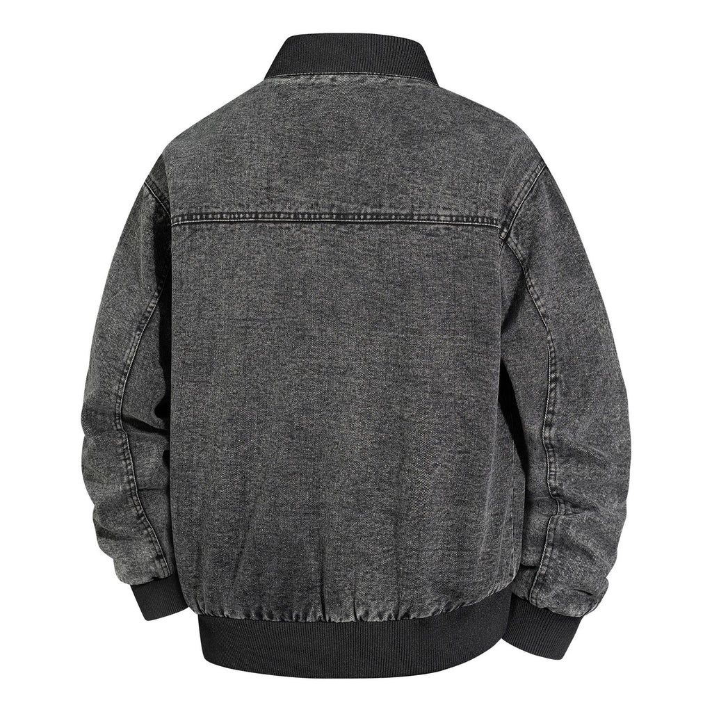 Men's Denim Bomber Jacket with Ribbed Collar and Snap Button Closure Fashion Glam