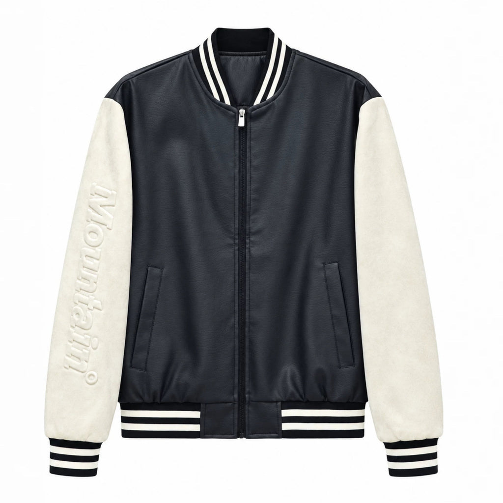 Men's varsity bomber jacket in college style with faux leather body and contrasting suede sleeves Fashion Glam