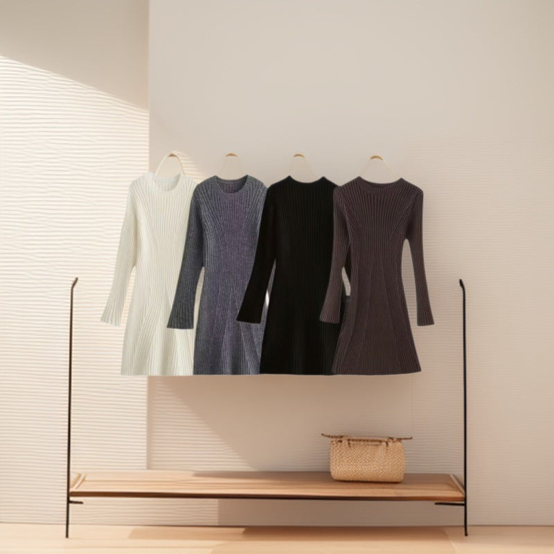 Women's Ribbed Knit Dress with Flared A-Line and Wide Cuffs Fashion Glam