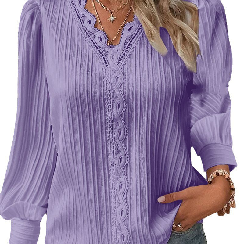 Women Pleated V-Neck Blouse with Lace Trim and Balloon Sleeves Fashion Glam