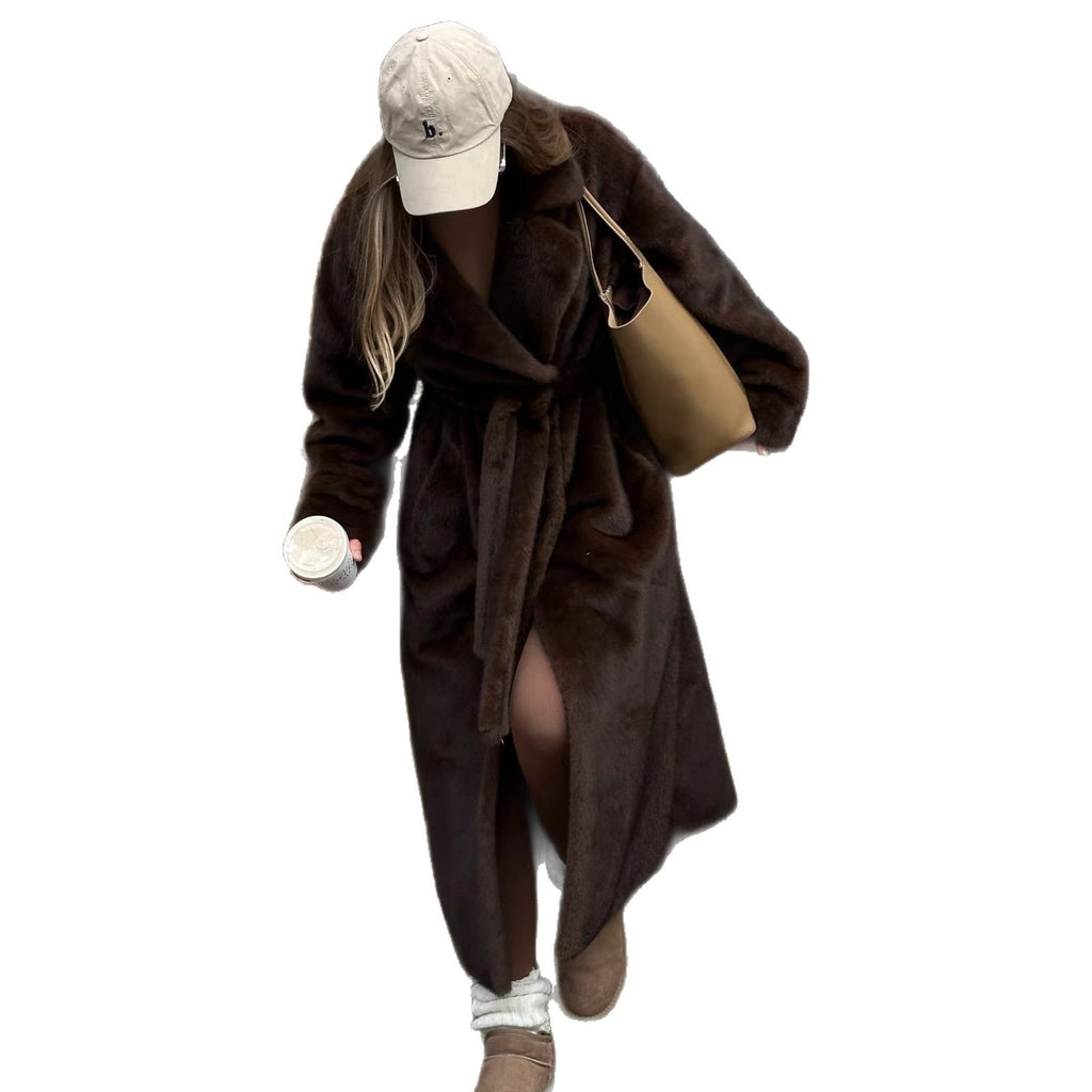 Women's elegant long pile faux fur coat with hood and tailored silhouette Fashion Glam