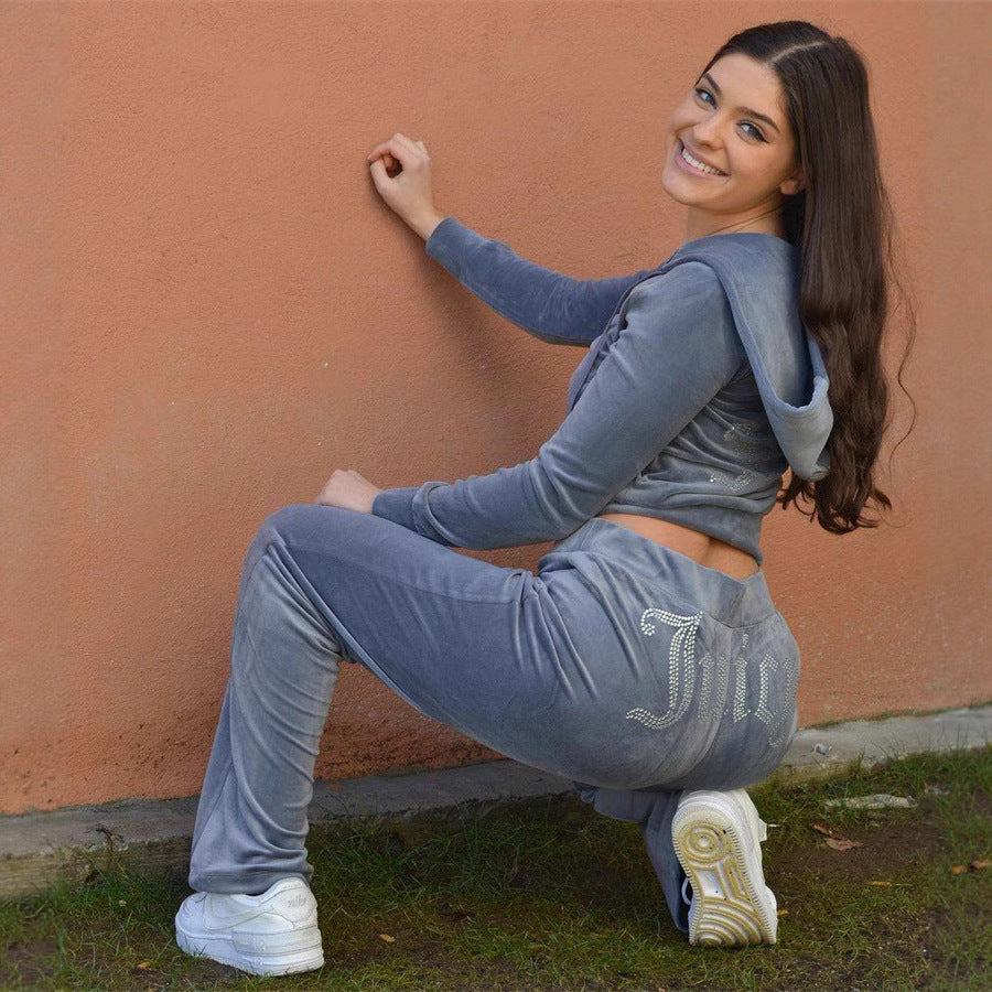 Women's luxurious velvet tracksuit with glitter accents and elastic waistband Fashion Glam
