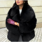 Ladies short coat made of luxurious high-pile faux fur with boxy silhouette and wide lapels Fashion Glam