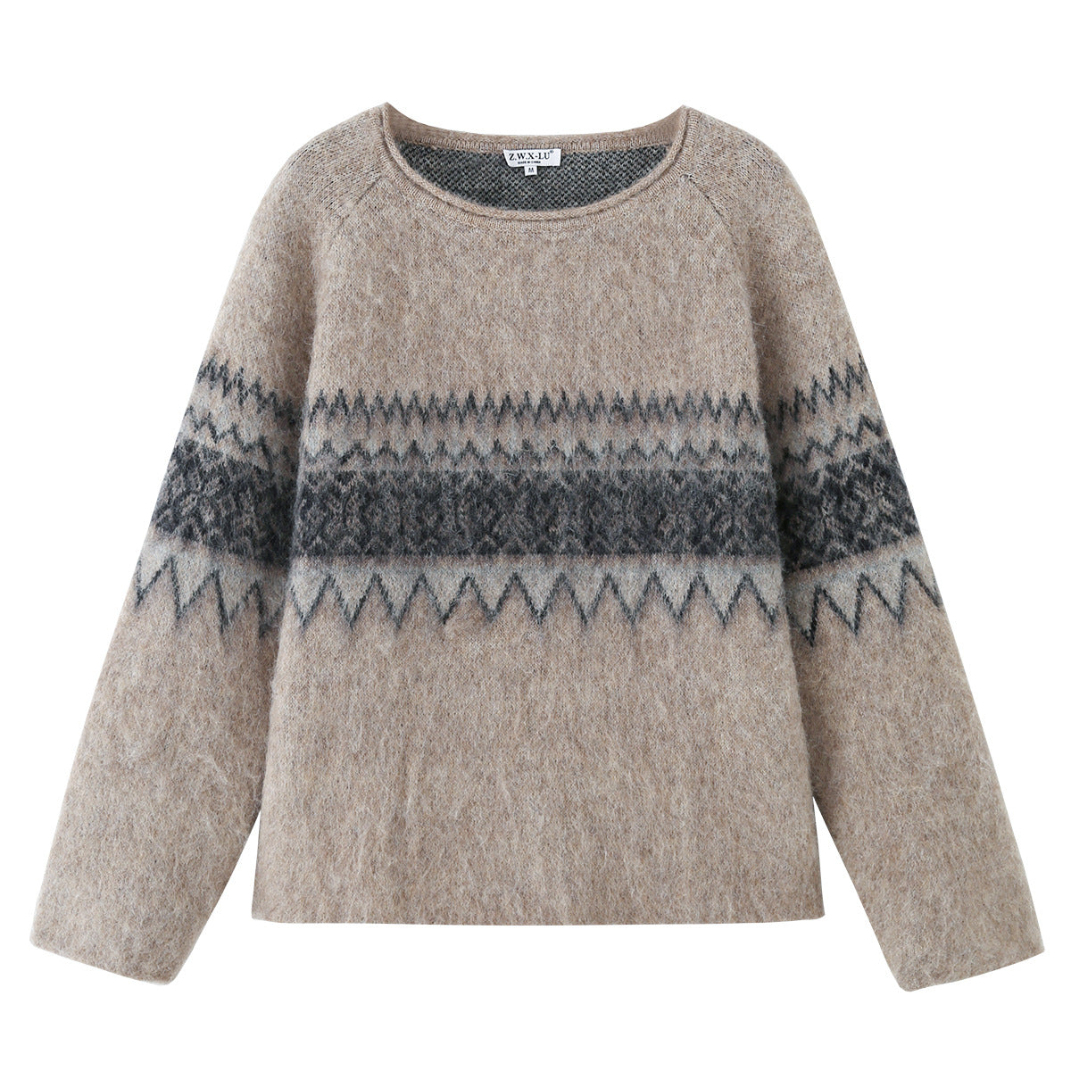 Women Oversize Mohair-Mix Sweater with Round Neck and Fair Isle Pattern Fashion Glam