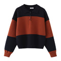 Women Oversized Polo Collar Sweater with Block Stripes Fashion Glam
