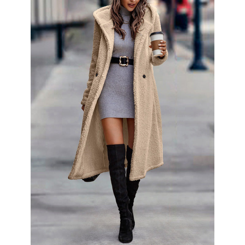 Women's Maxi Length Teddy Coat with Hood and Double Button Placket Fashion Glam