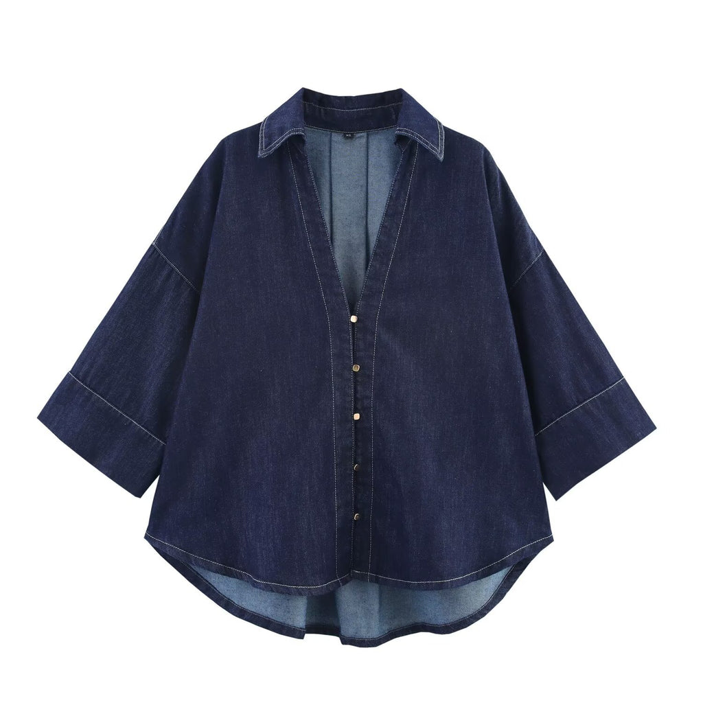 Women's Oversized Denim Shirt Jacket with Three-Quarter Sleeves and High-Low Hem Fashion Glam