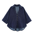 Women's Oversized Denim Shirt Jacket with Three-Quarter Sleeves and High-Low Hem Fashion Glam