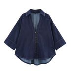 Women's Oversized Denim Shirt Jacket with Three-Quarter Sleeves and High-Low Hem Fashion Glam