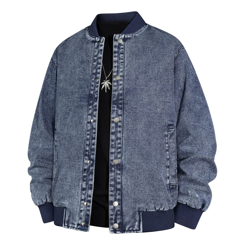 Men's Denim Bomber Jacket with Ribbed Collar and Snap Button Closure Fashion Glam