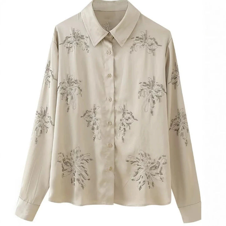 Women's embroidered silk-look blouse with sparkling crystal embellishments and shirt collar Fashion Glam