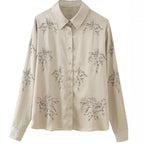Women's embroidered silk-look blouse with sparkling crystal embellishments and shirt collar Fashion Glam