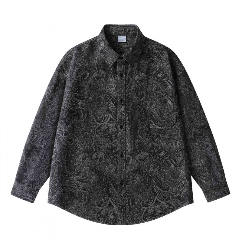 Unisex Oversized Shirt Jacket with Paisley Jacquard, Full Button Placket and Chest Pocket Fashion Glam
