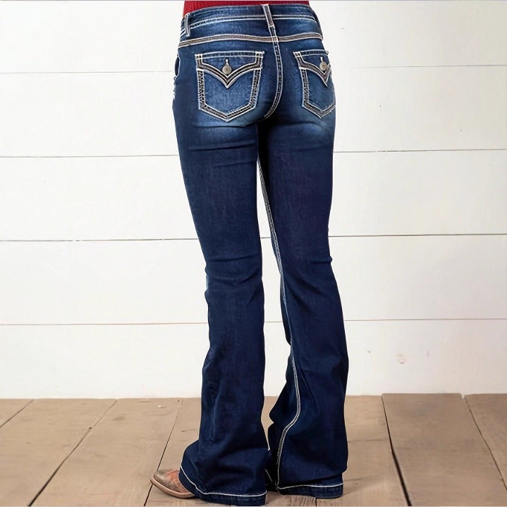 Women's High-Waisted Flared Jeans with Decorative Metal Buttons and Contrast Stitching Fashion Glam