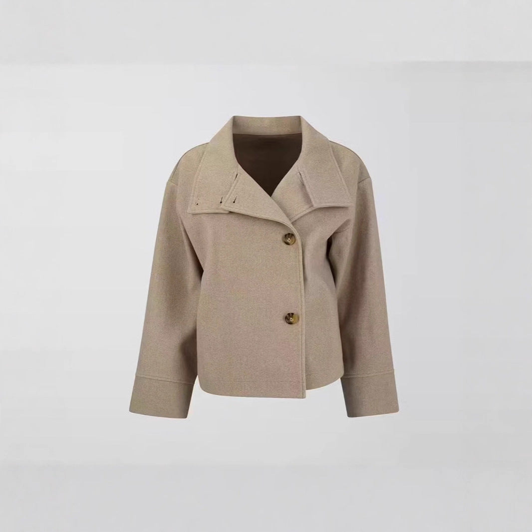 Women's short cut boxy jacket with stand-up collar and asymmetrical button placket Fashion Glam