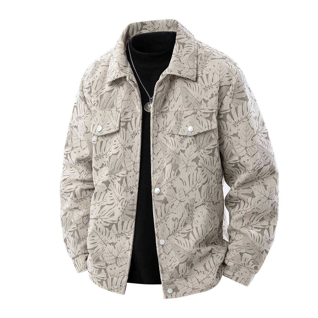 Men's cord jacket in trucker style with tonal leaf pattern, snap-button front and flap pockets Fashion Glam