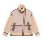 Women's Oversized Flight Jacket with Teddy Lining, Asymmetrical Zip and Faux Leather Details Fashion Glam
