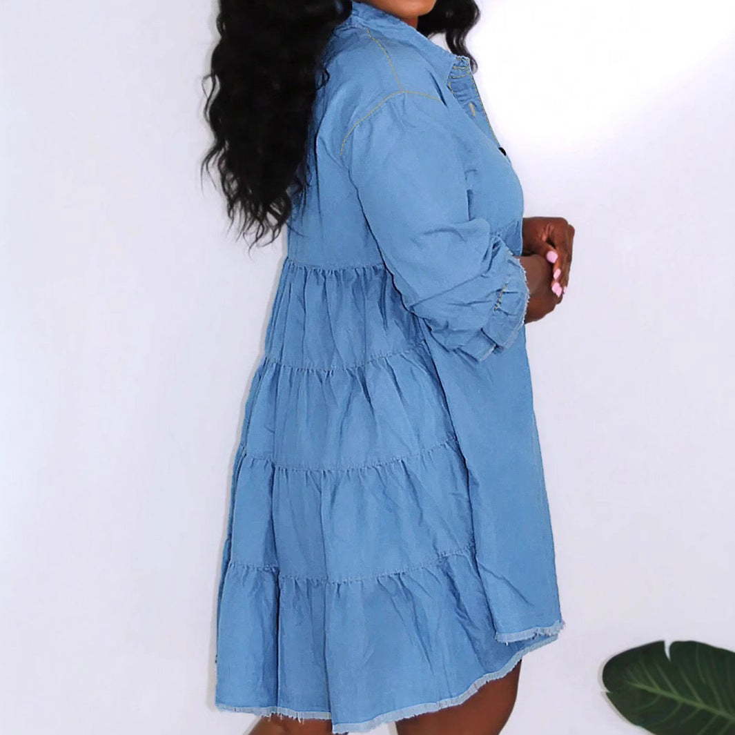Women Oversize Denim Shirt Dress with Continuous Button Placket and Pockets Fashion Glam