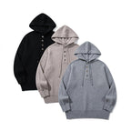 Unisex structured knit hoodie with half placket and drawstring hood Fashion Glam