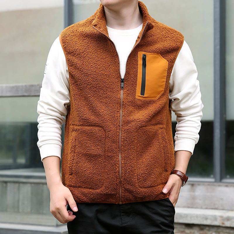 Men's Teddy Fleece Outdoor Vest with High Collar, Full Zip and Welded Chest Pocket Fashion Glam