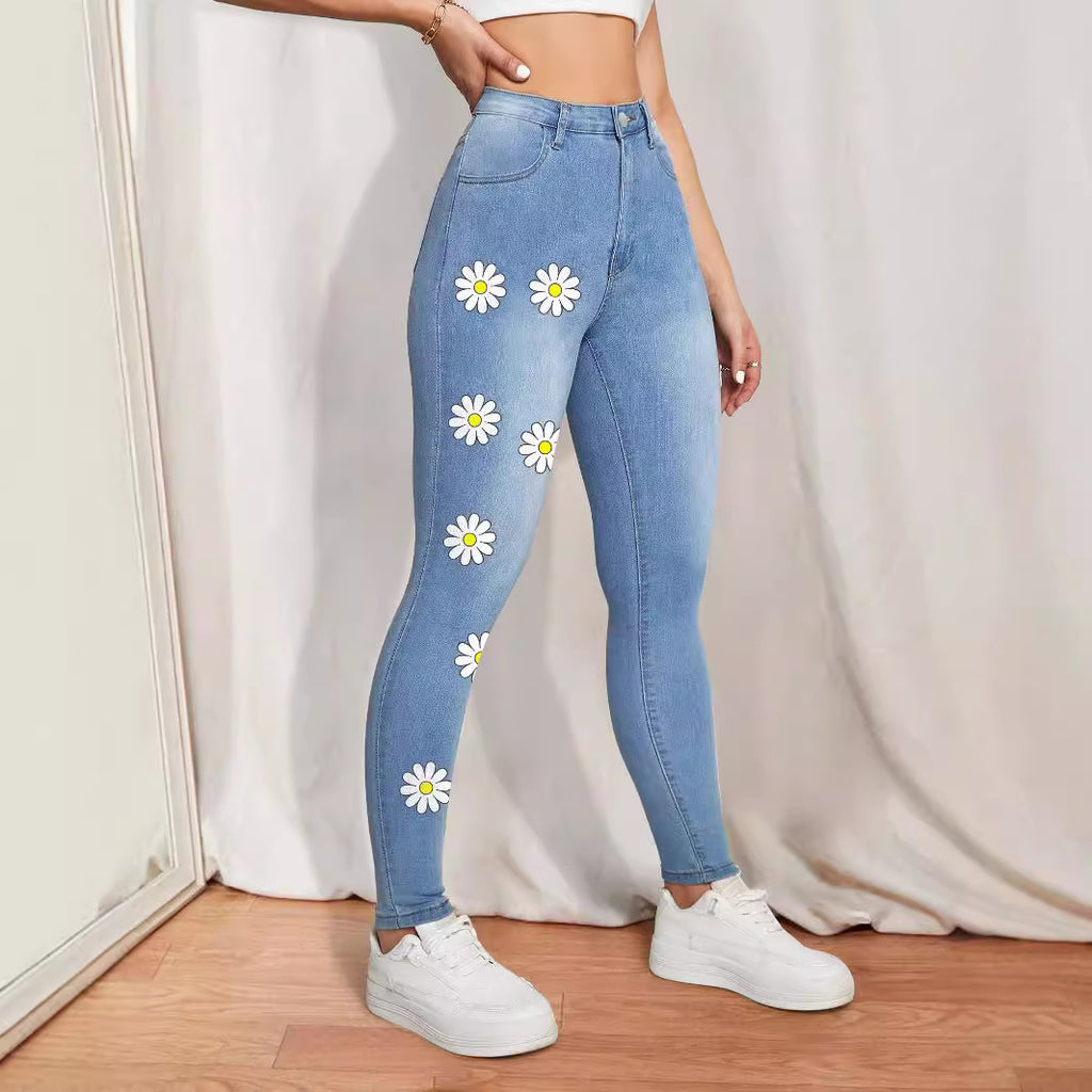 Women's High-Waist Skinny Jeans with printed Daisies and figure-shaping Stretch Fashion Glam