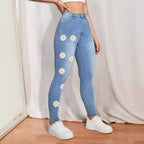 Women's High-Waist Skinny Jeans with printed Daisies and figure-shaping Stretch Fashion Glam