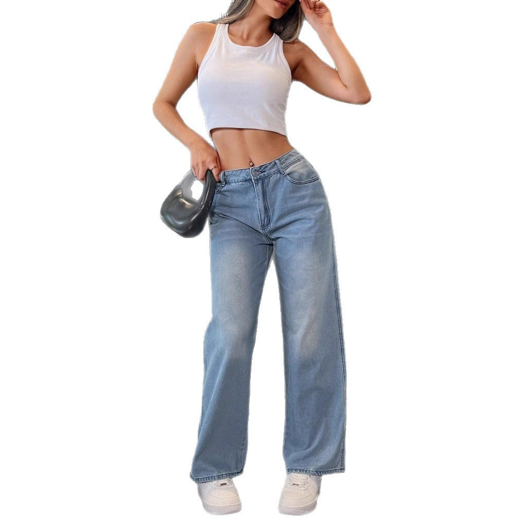 Women's wide baggy jeans in vintage wash look with low rise Fashion Glam