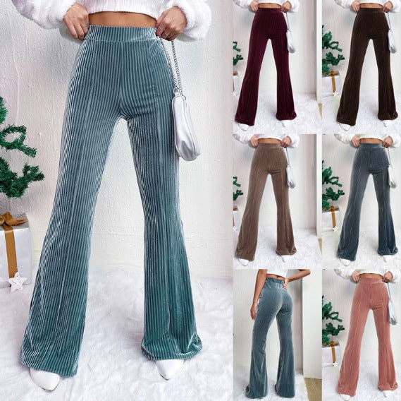Women's High-Waisted Velvet Corduroy Pants with Pleated Look and Wide Leg Fashion Glam