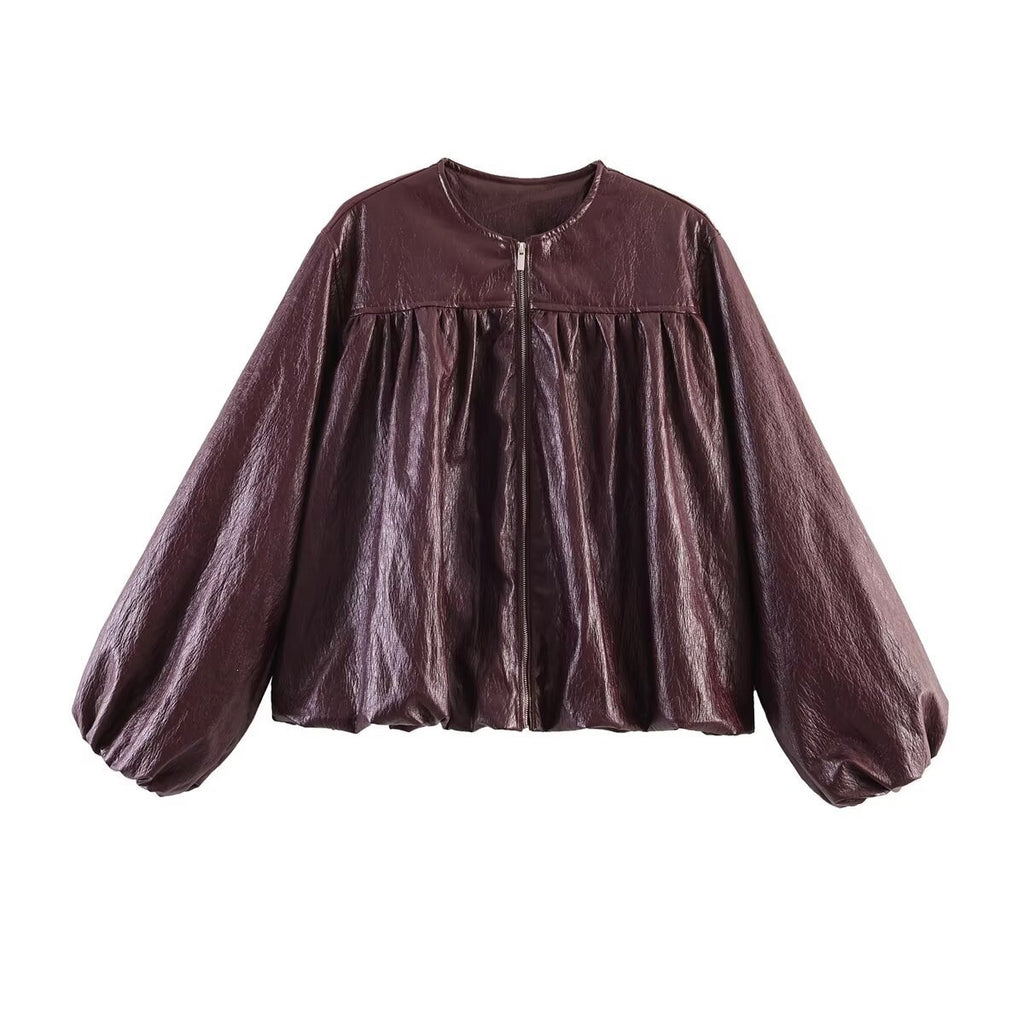 Women's short jacket with ruched yoke, round neck and balloon sleeves Fashion Glam