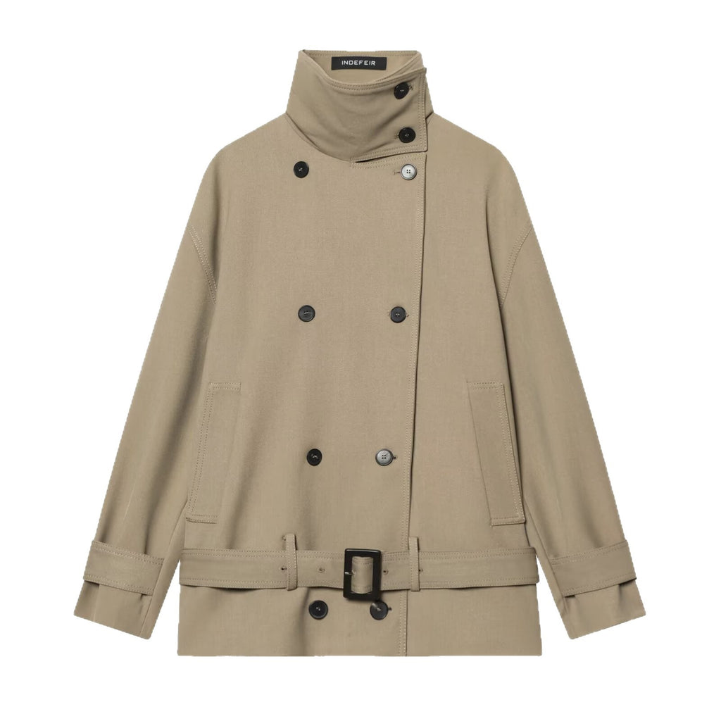Women's short trench coat with double-breasted button placket, waist belt, and high standing collar Fashion Glam