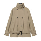 Women's short trench coat with double-breasted button placket, waist belt, and high standing collar Fashion Glam