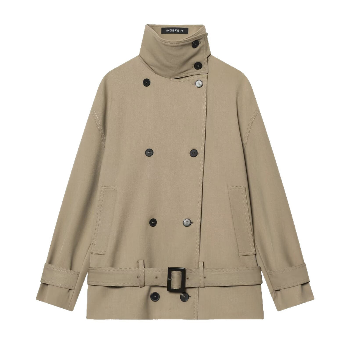 Women's short trench coat with double-breasted button placket, waist belt, and high standing collar Fashion Glam