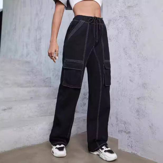 Women’s utilitarian denim cargo pants with contrast stitching and drawstring Fashion Glam