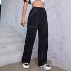 Women’s utilitarian denim cargo pants with contrast stitching and drawstring Fashion Glam