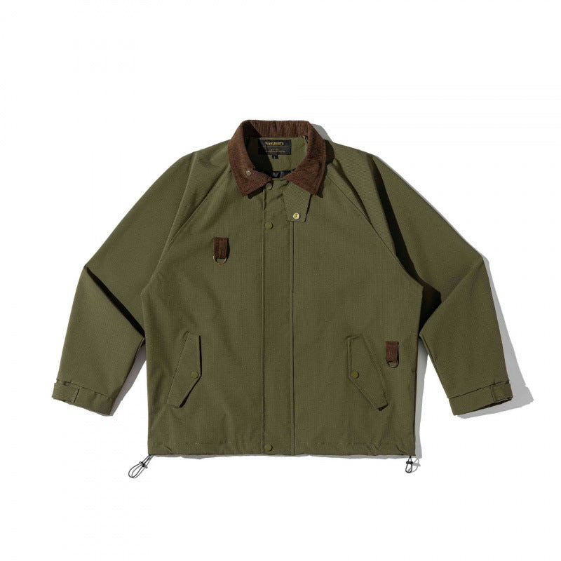 Unisex boxy overshirt jacket in utility style with cord collar, flap pockets and drawstring hem Fashion Glam