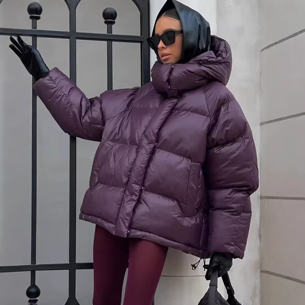 Women's Oversize Quilted Puffer Jacket with High Collar and Hood Fashion Glam