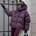 Women's Oversize Quilted Puffer Jacket with High Collar and Hood Fashion Glam