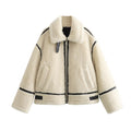 Ladies Oversize Teddy Jacket in Aviator Look with Contrast Seams and Webbing Details Fashion Glam