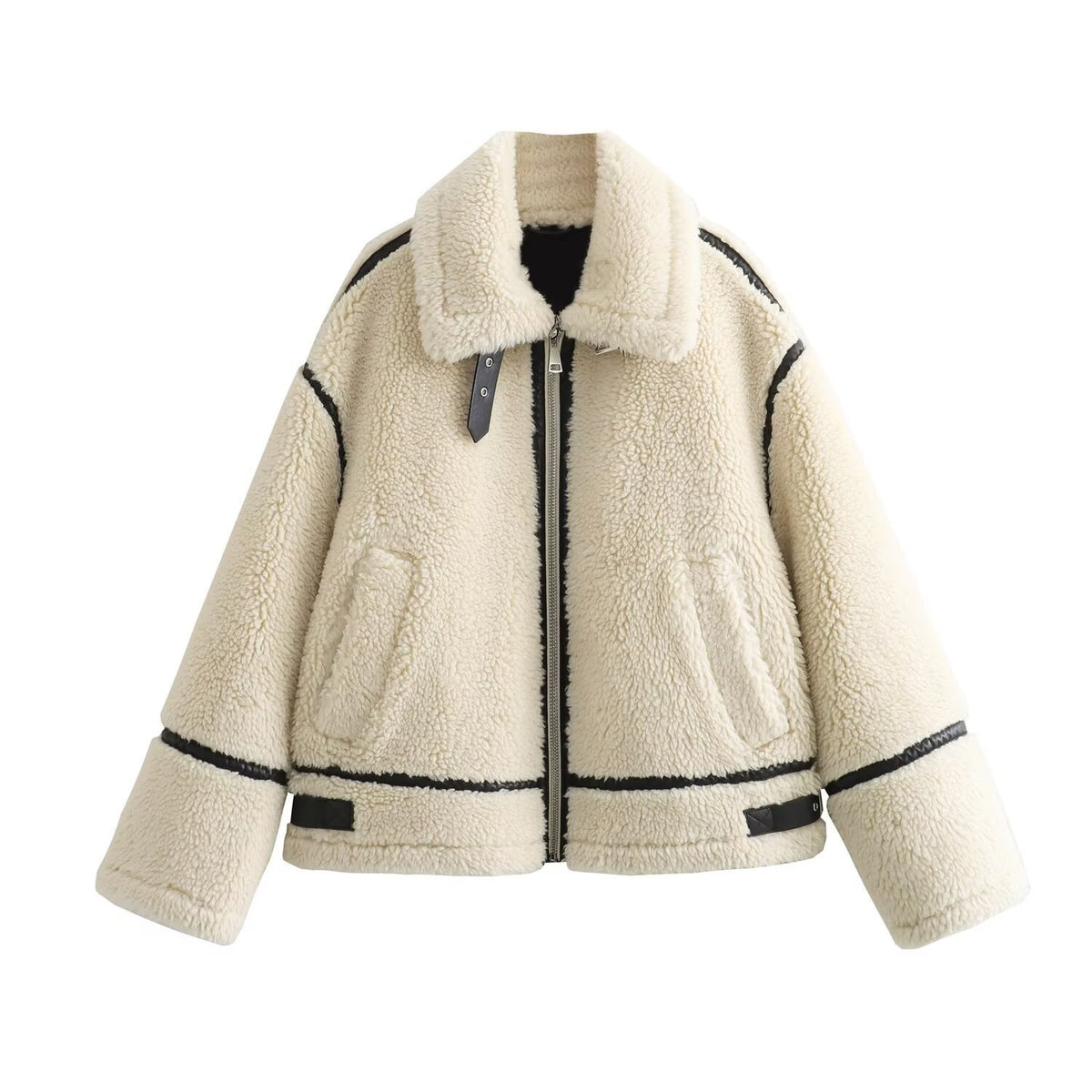 Ladies Oversize Teddy Jacket in Aviator Look with Contrast Seams and Webbing Details Fashion Glam