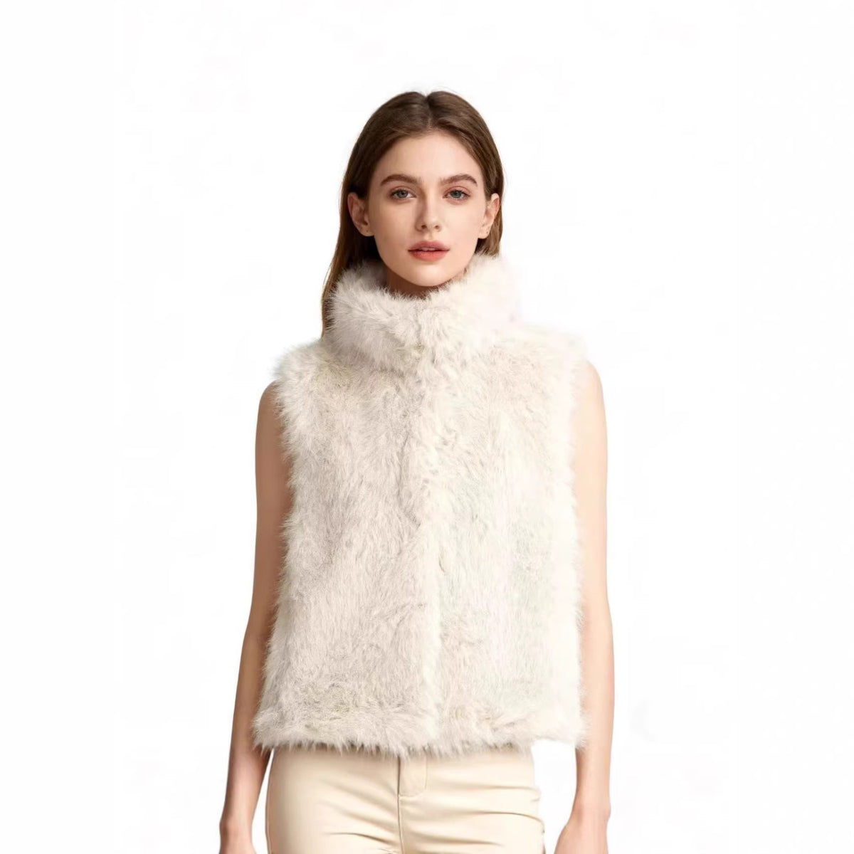Women's Sleeveless Teddy Plush Vest with High Stand-Up Collar and Dense Long Pile Fashion Glam