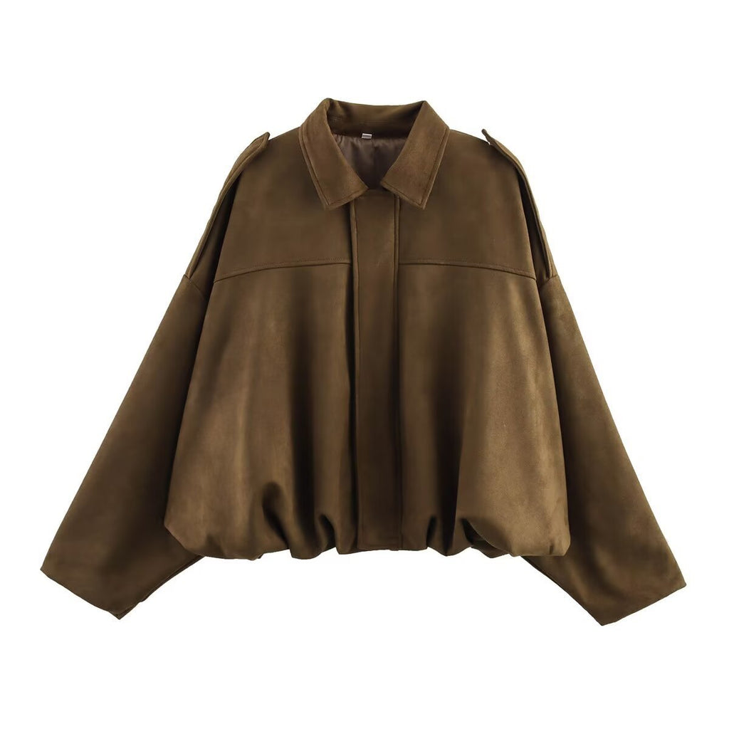 Ladies short jacket in oversized bomber style made of suede imitation with balloon hem and epaulettes Fashion Glam